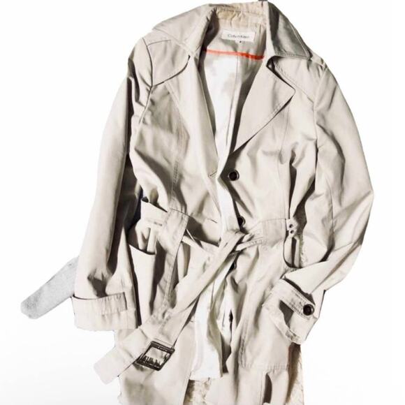 CALVIN KLEIN Khaki Tan Cream Lined Belted Button Preppy Tie Trench Coat Jacket S - Picture 8 of 8